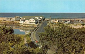 OGUNQUIT, Maine ME   BIRD'S EYE VIEW Toward BEACH~50's Cars  Chrome Postcard