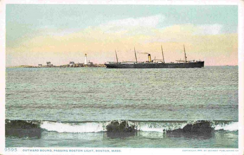 Outward Bound Steamer Boston Lighthouse Massachusetts 1910c Phostint postcard