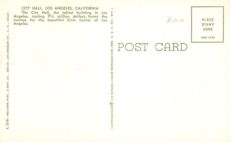Vintage Postcard City Hall Tallest Building Civic Center Los Angeles California 