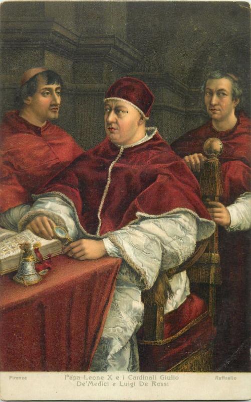 Art postcard Raffaello - Pope Leo X and the Cardinals Giulio De`Medici and Luigi