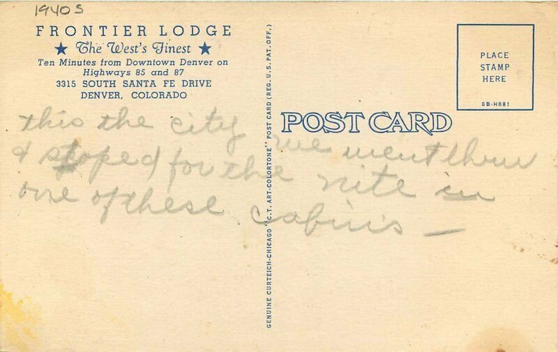 Automobiles Frontier Lodge Denver Colorado 1940s Postcard roadside linen 20-95