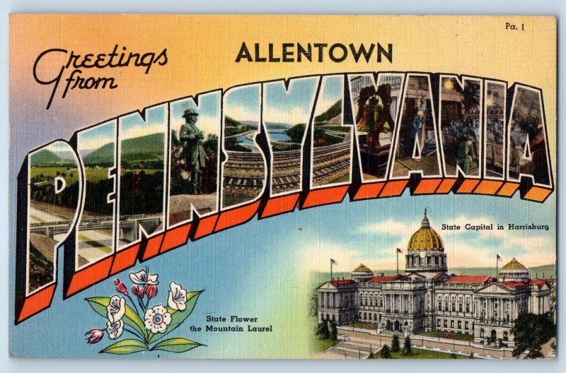 Allentown Pennsylvania PA Postcard Large Letter Greetings Landmarks Scene 1945