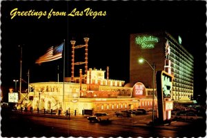 Las Vegas, NV Nevada HOLIDAY INN CASINO & HOTEL Night View~US Flag 4X6 Postcard