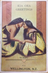 Kia Ora Greetings Te Hongi Wellington, New Zealand Māori c1910s Vintage Postcard