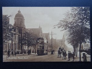 Yorkshire HULL Beverley Road shows TRAM 74 & WORTHINGTON BEER AD c1908 Postcard
