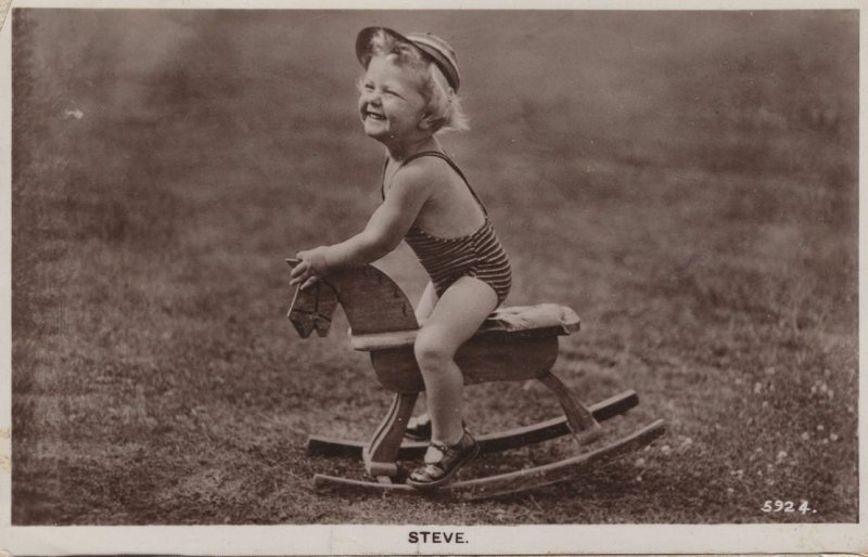 Child Boy On Toy Rocking Horse Name Called Steve RPC Postcard