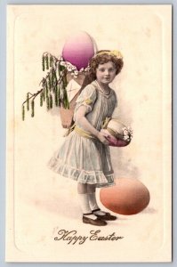 Happy Easter, Girl With Exaggerated Eggs, Vintage Embossed Greeting Postcard