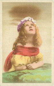 Beautiful girl flowers in hair C-1910 Gaudy hand tint color Postcard 7841