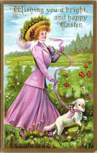 Postcard Easter - Woman in rose pink dress walking a lamb