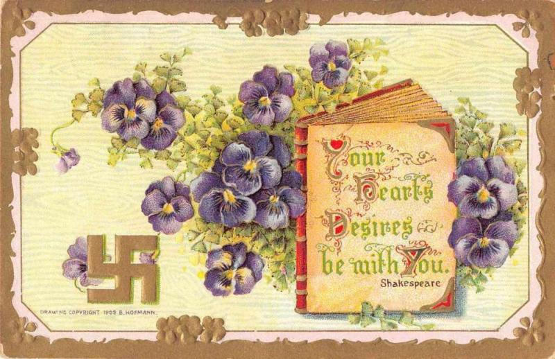 Greetings Shakespeare Book with Purple Pansies Flowers Swastika PC JE229676