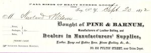 1872 TROY NY PINE & BARNUM LEATHER HEMP RUBBER HOSE BILLHEAD INVOICE Z1564