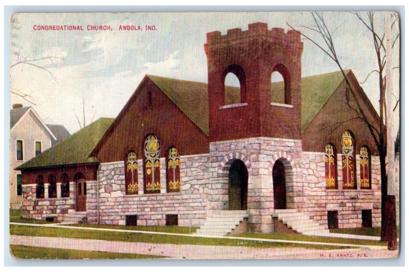 1910 Exterior View Congregational Church Angola Indiana Antique Vintage Postcard