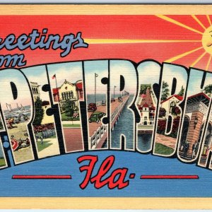 c1930s St. Petersburg, Fla. Greetings from Large Letter Linen PC Sun Smiles A290