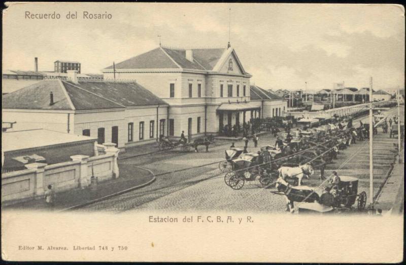 argentina ROSARIO, Estacion del F.C.B.A. y R., Railway Station, Horse Carts 1899