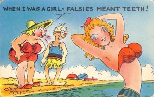 Risque Comic Falsies Meant Teeth Bathing Beauty Beach 1950s Vintage Postcard