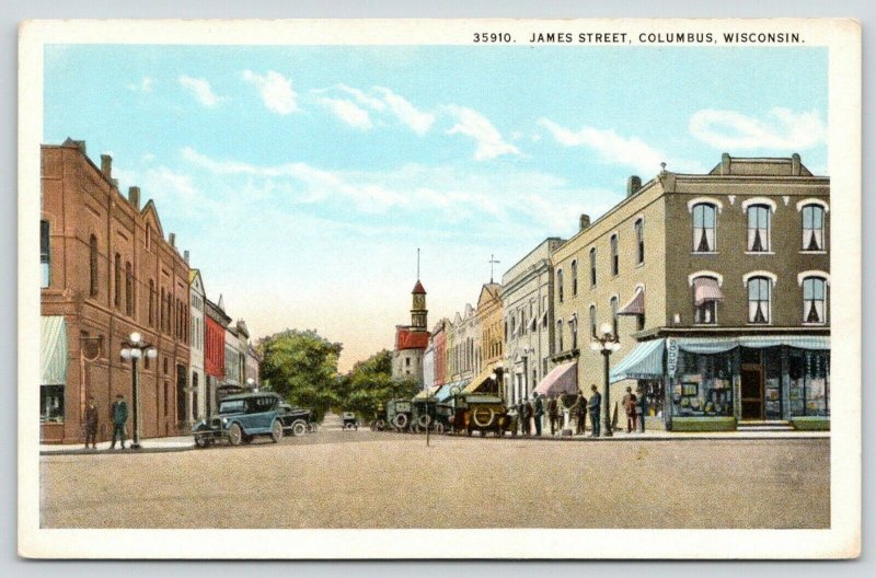 Columbus Wisconsin~James Street~Corner Drug Store~Church Distance~1920s 