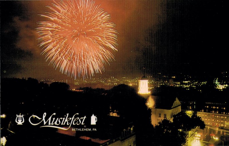 Fireworks burst at last Musikfest concert at Kunstplatz in Bethlehem PA Postcard