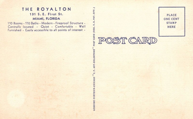 Vintage Postcard The Royalton Hotel Two Blocks from Park and Bay Miami Florida