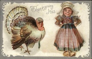 Thanksgiving Little Girl in Bonnet Eyes Turkey c1910 Vintage Postcard