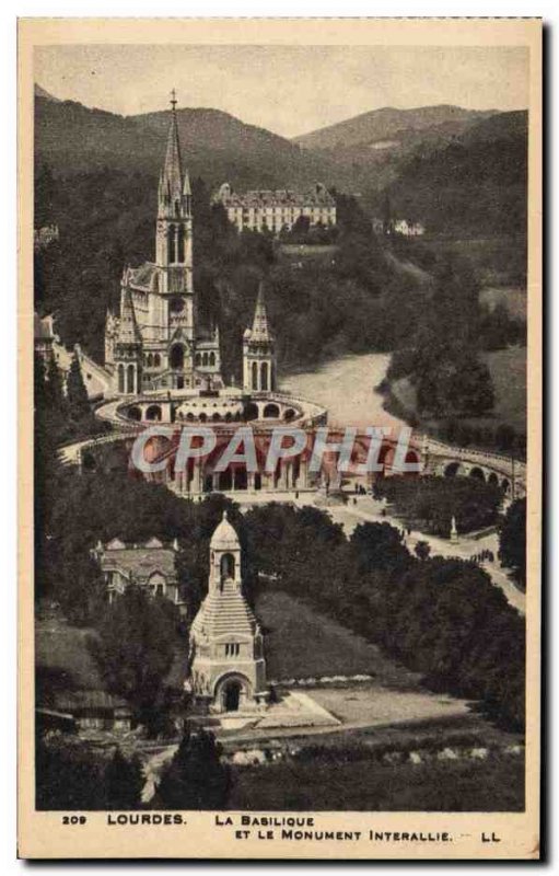 Old Postcard Lourdes Basilica and the Allied monument