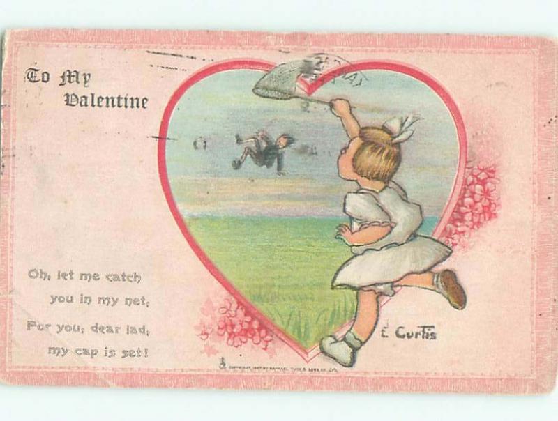 Pre-Linen Valentine signed CURTIS - GIRL CHASES BOY WITH BUTTERFLY NET AB3125