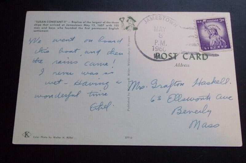 1960 USED POSTCARD - SUSAN CONSTANT II, JAMESTOWN, VIRGINIA