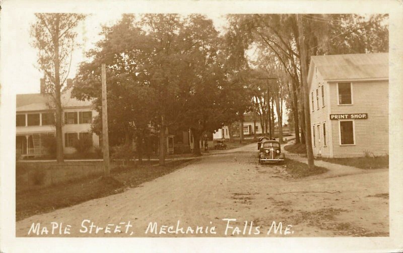 Mechanic Falls ME Maple Street Print Shop Old Car Real Photo Postcard