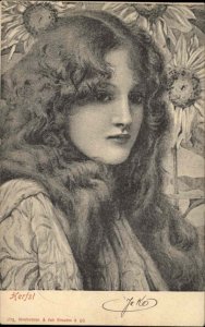 Art Nouveau Beautiful Women Seasons HERFST AUTUMN - Artist? c1900 Postcard