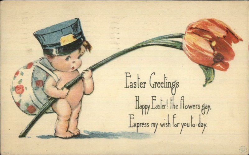 Unsigned Charles Twelvetress Little Boy Mailman w/ Tulip Flower Easter PC