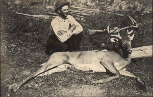 Hunting Proud Man Displays Gun Rifle & Rack of Dead Deer CRISP RPPC c1910