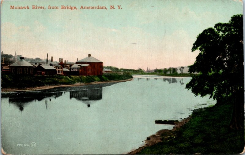 Postcard NY Amsterdam Mohawk River from Bridge Flag Cancel 1910 F9