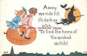 Halloween, FA Owen No 857, Artist M.H.S. Girl & Boy Riding Pumpkin after Witch