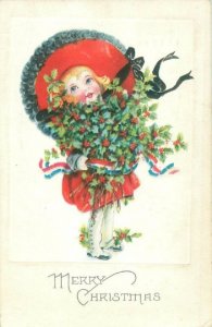 Girl in a Big Red Hat Embossed Christmas Theme Postcard