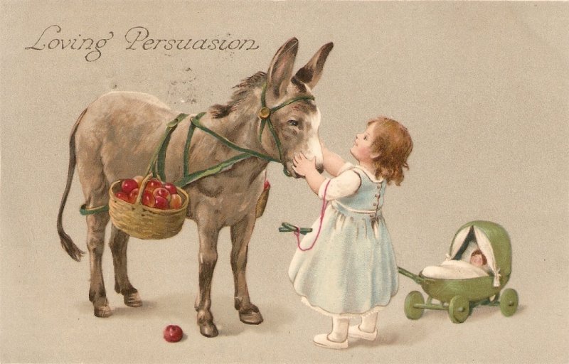 Little girl caressing donkey. Loving Persuasion Nice old vintage English PC