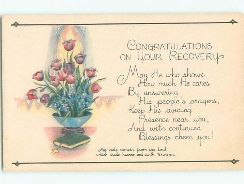 Unused Pre-1907 religious PSALMS BIBLE QUOTE - FLOWERS IN BOWL WITH BIBLE J3666