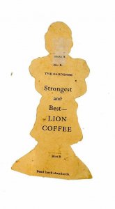 1880s Doll Lion Paper Coffee Cut Die Trade Card Victorian The Gardener Woman