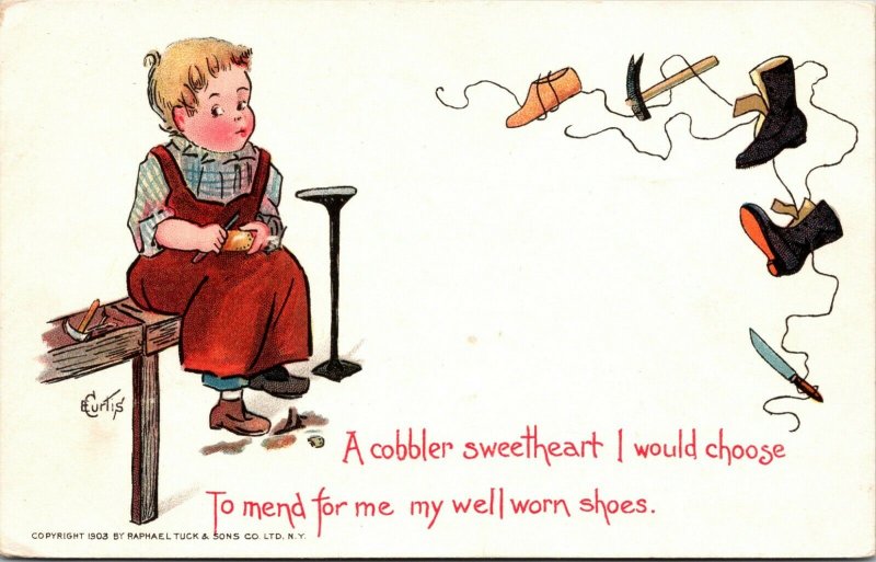 Curtis Artist Signed Valentine Postcard Cobbler Child w/ Shoes - Tuck - ca 1906