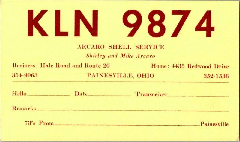 QSL Radio Card From Painesville Ohio KLN 9874 