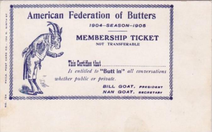 Vintage Arcade Card American Federation Of Butters Membership Ticket