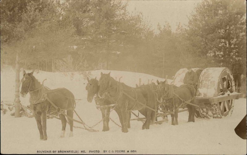 Brownfield ME Horse Team Pulling Snow Roller c1910 Real Photo Postcard