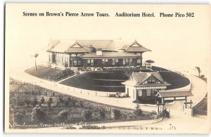 RPPC Brown's Pierce Arrow Tours Auditorium Hotel Bernheimer Home Hollywood, CA