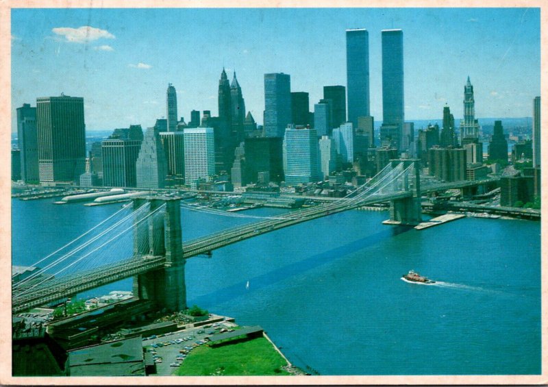 New York City Brooklyn Bridge With View Of Twin Towers Of The World Trade Cen...