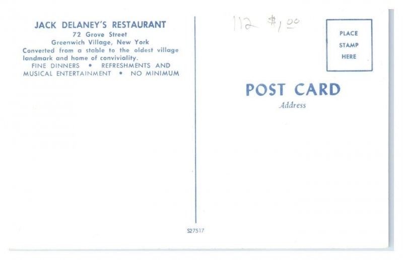 1950s/60s Jack Delaney's Restaurant, Greenwich Village, NY Postcard *5N(2)26