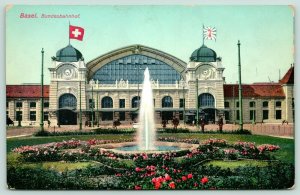 Basel Switzerland~8:25 at Bundes Bahnhof~Railroad Depot Clocktower~Flags~c1910 