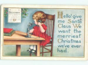 Pre-Linen Christmas GIRL USING ANTIQUE CANDLESTICK TELEPHONE AB5991