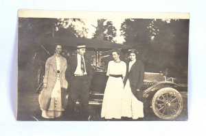 Antique RPPC 3 Women & A Man Standing in Front of a Ford Model A Car Automobile