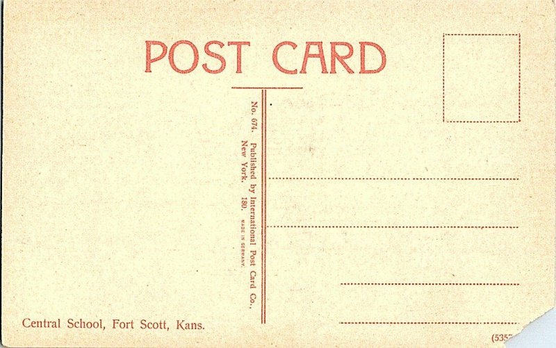 Central School Fort Scott Kans. Kansas Vintage Postcard Standard View Card 