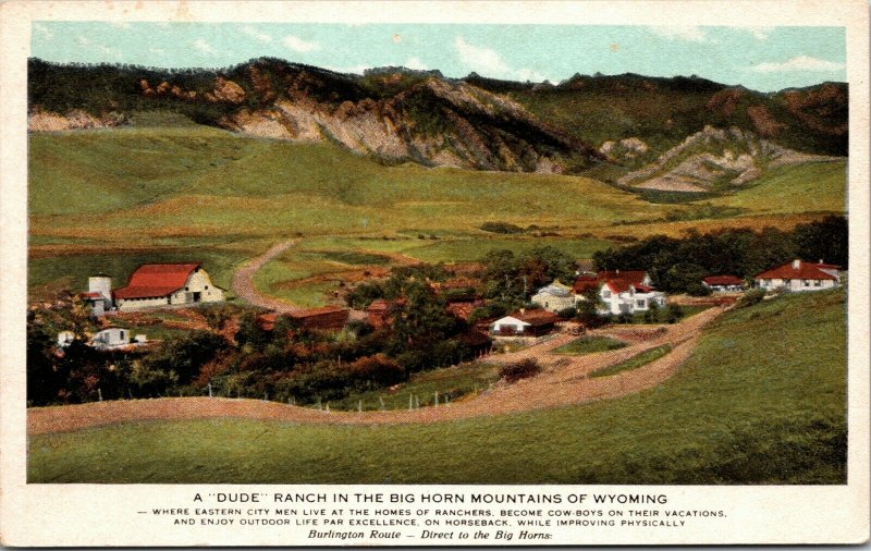 PPC POSTCARD WYOMING BURLINGTON ROUTE DUDE RANCH IN BIG HORN MOUNTAINS