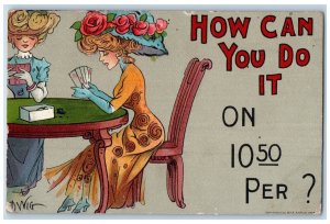 Dwig Artist Signed Postcard Woman Playing Cards Gambling How Can You Do It