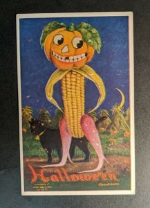 Mint Vintage Pumpkin Corn Figure Embossed Illustrated Halloween Postcard